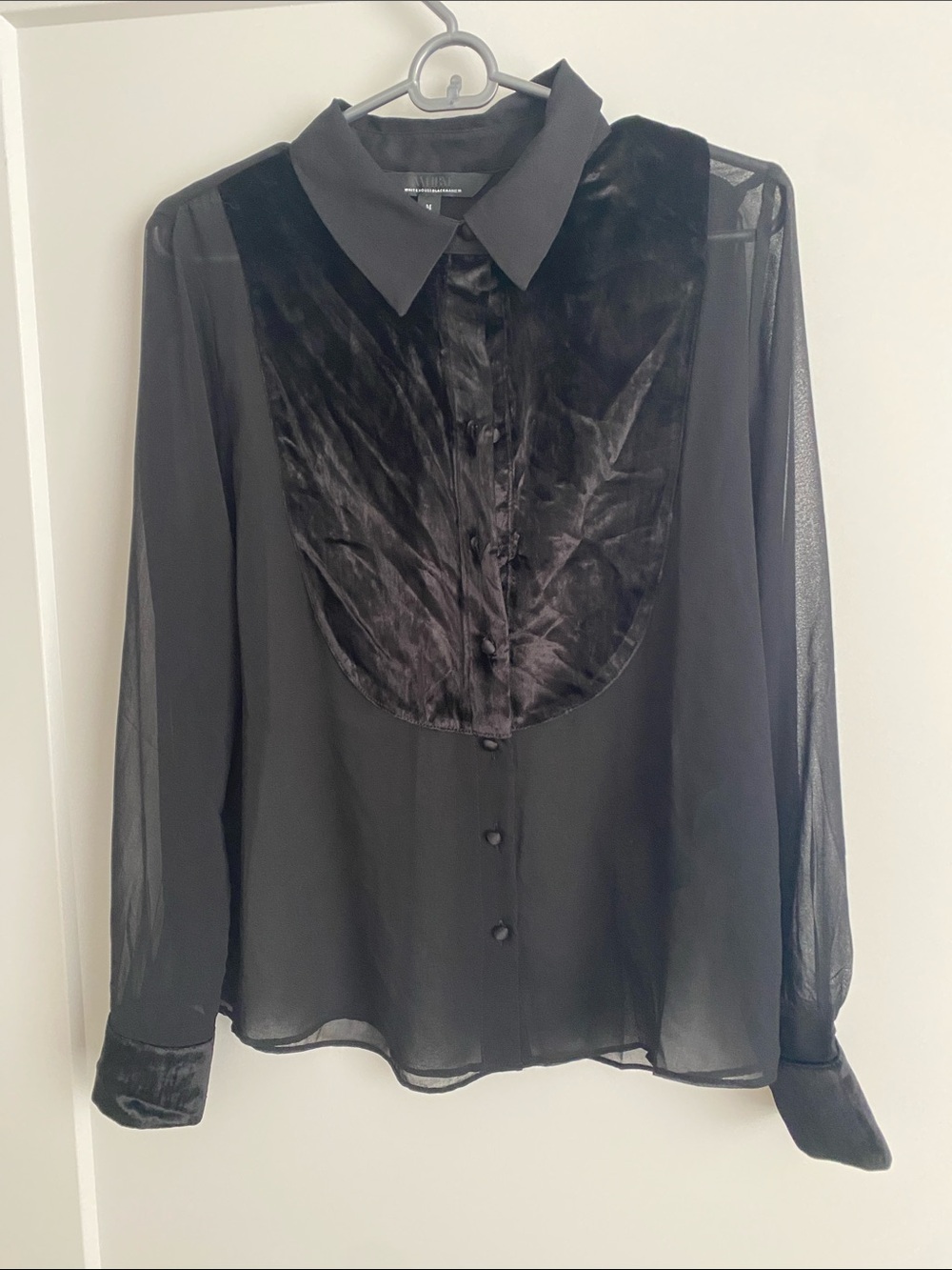 White House Black Market Sheer Black Velvet-Panel Button-Up Blouse